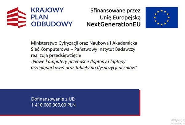 Sprzęt komputerowy do użytku dla uczniów w ramach programu finansowanego z Krajowego Planu Odbudowy.