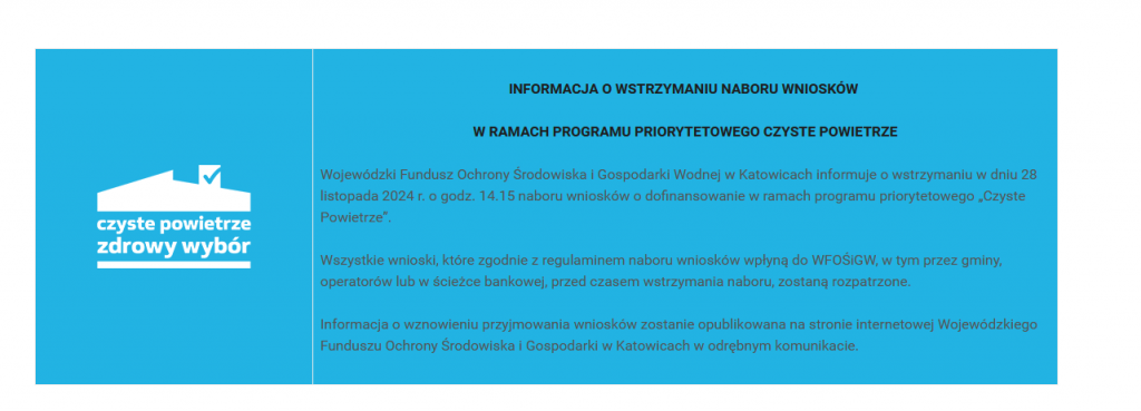 Informacja o wstrzymaniu naboru wniosków w ramach programu priorytetowego czyste powietrze