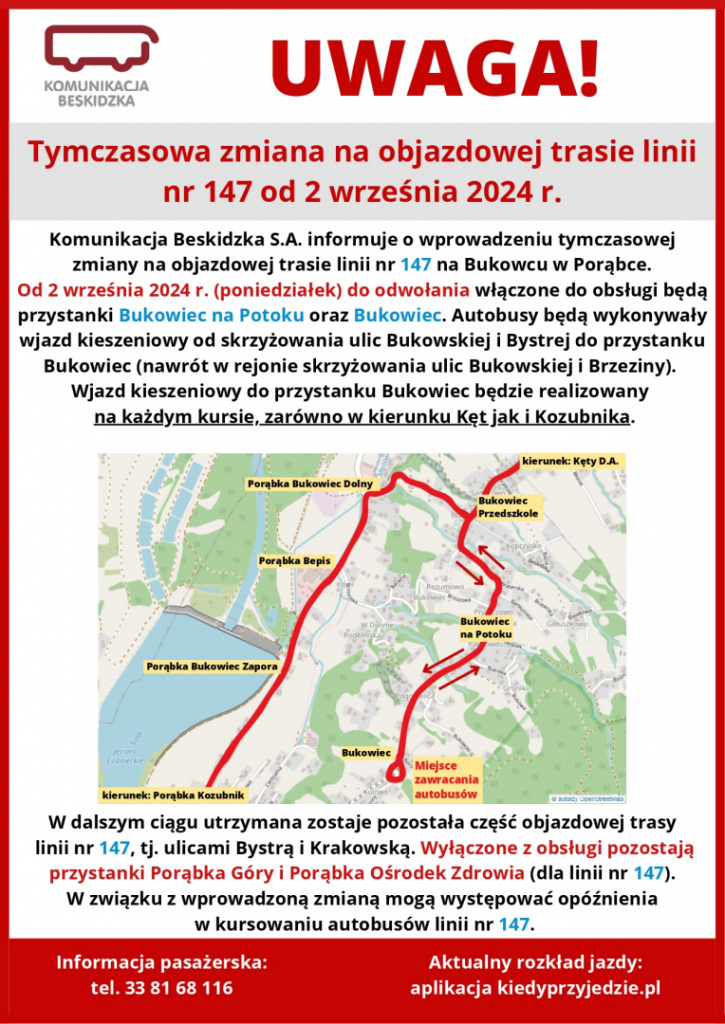 Tymczasowa zmiana na objazdowej trasie linii nr 147 od 2 września 2024 r.